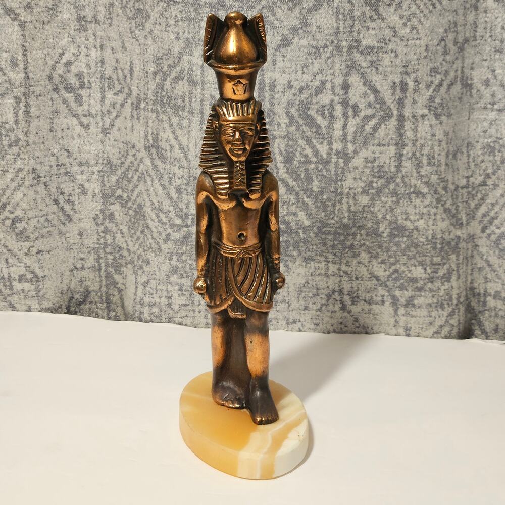 Vintage Egyptian Pharaoh Metal Statue on Onyx Base